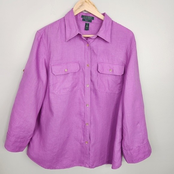 Lauren Ralph Lauren Tops - Lauren Ralph Lauren 100% Linen Dark Lilac Button Up Womens  Size 1X